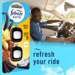 Lifestyle image showing packaged Febreze Auto vanilla bean clip next to a smiling driver and refresh your ride copy