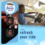 Lifestyle image combining Febreze Auto cedar packaging art alongside a smiling driver inside a car, with refresh your ride text