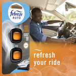 Packaged Febreze AUTO smoke odor fighter displayed next to a smiling driver with 'refresh your ride' text