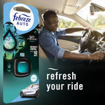 Lifestyle image combining Febreze Auto Unstopables Fresh packaging with a smiling driver in a car and text refresh your ride