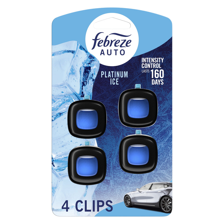 Febreze Auto Platinum Ice car vent clips on retail blister card with icy blue graphics and a small car image