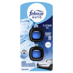 Front view of Febreze Auto Platinum Ice package with two vent clips, ice imagery and product copy including intensity control