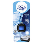 Front-facing Febreze AUTO Platinum Ice vent-clip retail pack showing ice artwork, product window, and car image.