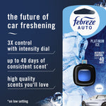 Product infographic panel showing Febreze AUTO Platinum Ice packaging and claims about intensity dial and 40 days.