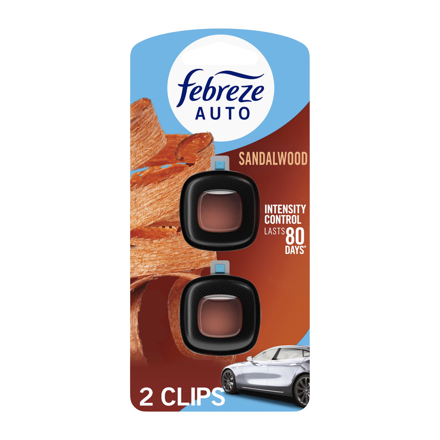 Febreze AUTO sandalwood car air freshener two-pack on retail card with wood grain background and car image