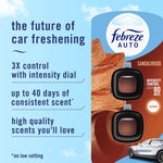 Febreze AUTO sandalwood package detail with product clips and text highlighting intensity dial and scent claims