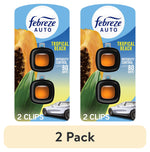 Two Febreze AUTO Tropical Beach car vent clips on retail card showing tropical fruit artwork and a car image