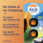 Febreze AUTO Tropical Beach packaging with two vent-clip fresheners and text explaining scent control and duration