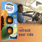 Composite image showing Febreze AUTO Tropical Beach retail card beside a smiling driver in a car and refresh-your-ride text