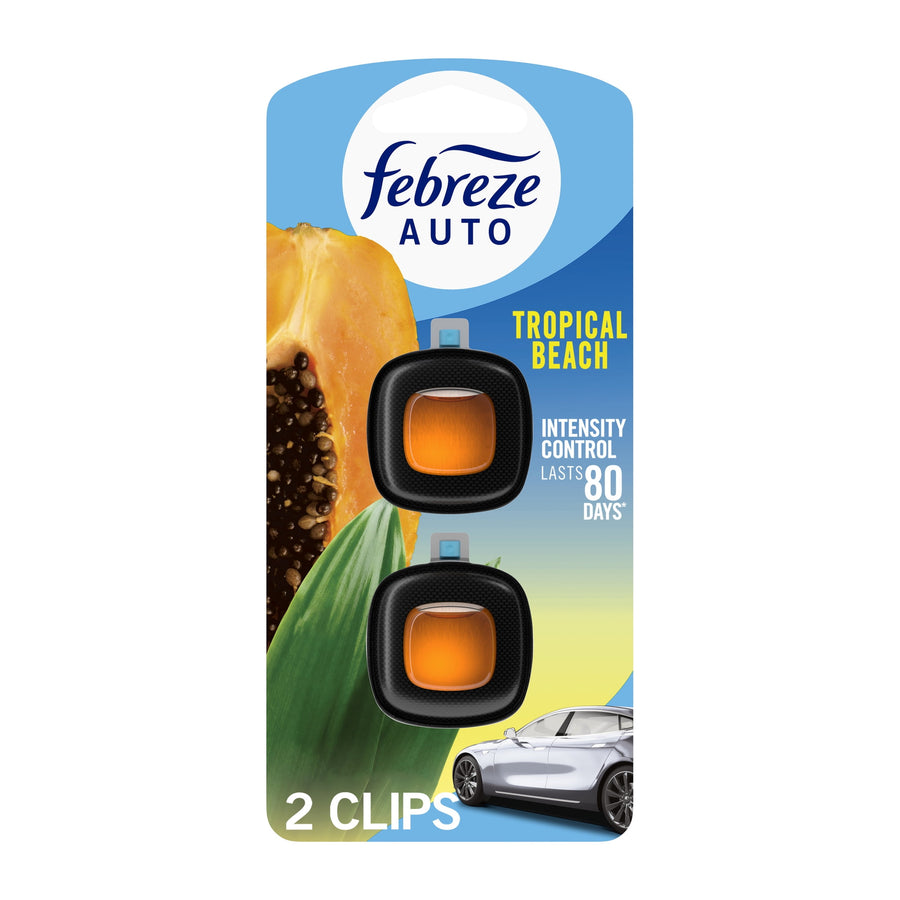 Retail blister card of Febreze AUTO Tropical Beach showing two black vent-clip air fresheners and tropical background