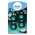 Retail blister card of four Febreze Auto Unstopables Fresh vent-clip air fresheners with teal gel centers