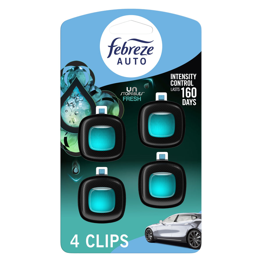 Retail blister card of four Febreze Auto Unstopables Fresh vent-clip air fresheners with teal gel centers