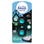 Front product packaging of Febreze Auto Unstopables Fresh showing two black vent clips with teal centers, car image and intensity claim