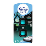 Front-view product packaging of Febreze Auto Unstopables Fresh car vent clip showing two black clips with teal gel centers and car graphic