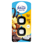 Front view of Febreze Auto Vanilla Bean vent clips blister pack with two black clips, vanilla imagery and car graphic