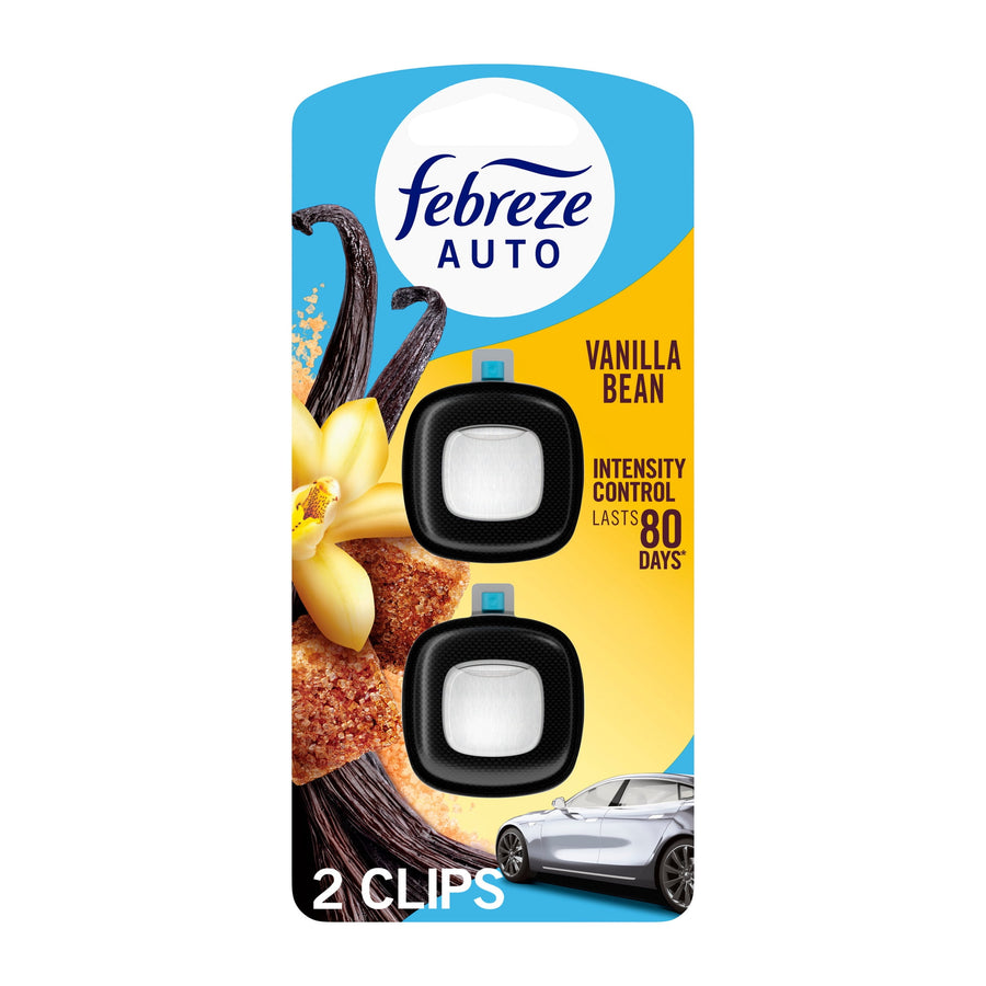 Packaged Febreze Auto vanilla bean vent clips on yellow-blue blister card showing two black clips and vanilla imagery