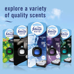 Array of several Febreze AUTO retail cards in different scents displayed against a sky blue background with heading text