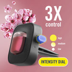 Close-up stylized image of a Febreze Auto vent clip with pink refill, cherry blossom flowers and text highlighting 3X control and an intensity dial.