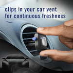 Hand holding Febreze Auto vent clip near a car vent with text stating clips in your car vent for continuous freshness