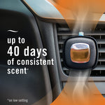 Febreze AUTO vent clip attached to a car air vent with overlay text about up to 40 days of consistent scent
