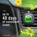 Febreze AUTO vent clip attached to a car air vent with overlay text stating up to 40 days of consistent scent