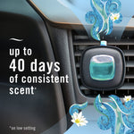 Febreze AUTO vent clip attached to a car air vent with stylized scent swirls and text about up to 40 days of consistent scent