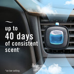 Febreze AUTO vent-clip attached to a car air vent with overlay text stating up to 40 days of consistent scent