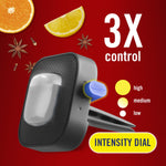 Close-up graphic of a Febreze AUTO vent clip showing the intensity dial with citrus and spice accents on a red background.