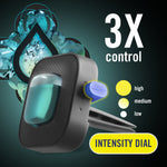 Close-up stylized image of Febreze AUTO vent clip showing intensity dial with '3X control' text