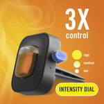 Single Febreze AUTO black vent clip shown with intensity dial graphic on orange background