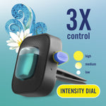 Close-up product render of a Febreze AUTO vent clip showing intensity dial and three-level control graphic