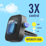 Close-up stylized product render of Febreze AUTO vent clip showing intensity dial and 3X control messaging