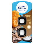 Febreze Auto Warm Honey & Musk twin pack front view showing two black vent clips, honeycomb art, and car image
