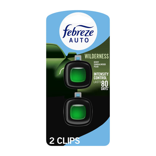 Febreze Auto Wilderness dual vent-clip package showing two black clips with green scent pods