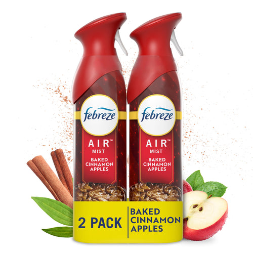 Two Febreze Air Mist bottles in baked cinnamon apples design with cinnamon sticks and apple imagery, labeled 2 pack.