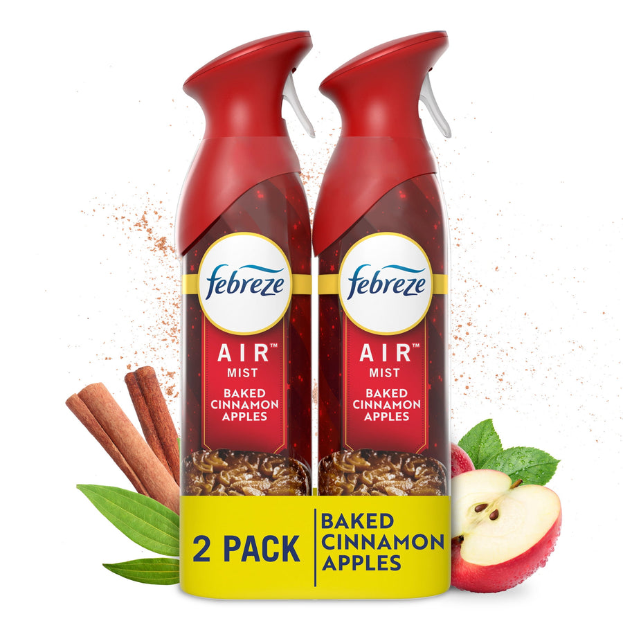 Two Febreze Air Mist bottles in baked cinnamon apples design with cinnamon sticks and apple imagery, labeled 2 pack.
