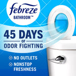 Febreze Bathroom device mounted on a toilet tank with text claiming 45 days of odor fighting and freshness benefits