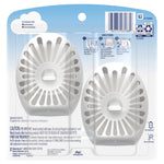 back of febreze bathroom air freshener pack showing two white devices in plastic with directions and barcode