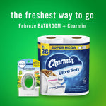 Promotional cross-sell graphic showing a Febreze Bathroom Gain package next to Charmin Ultra Soft toilet paper with 'the freshest way to go' headline.