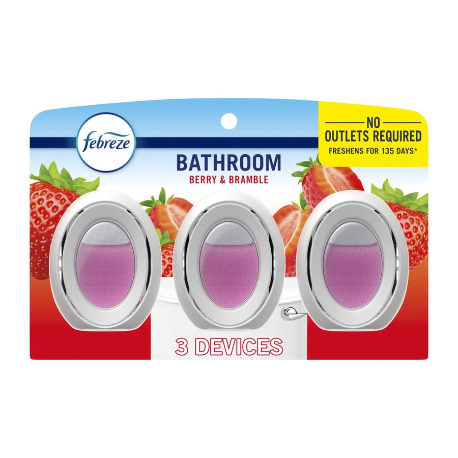 Retail blister pack showing three oval Febreze Bathroom Berry & Bramble devices with fruit graphics
