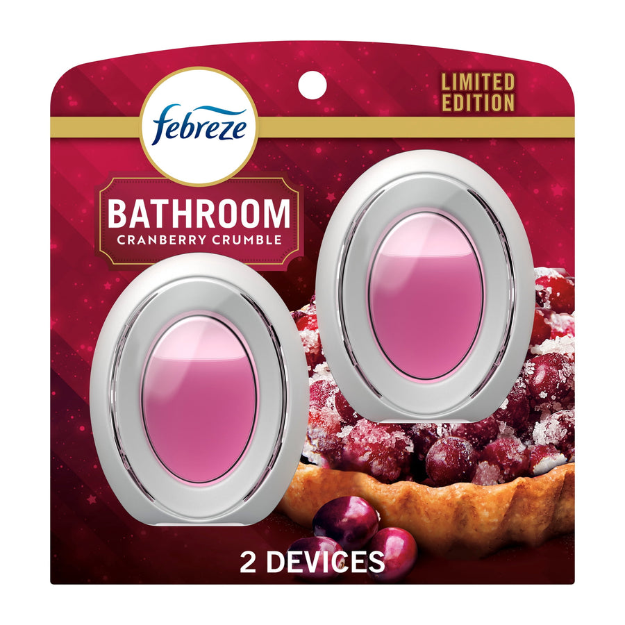 Febreze Bathroom cranberry crumble air freshener blister pack showing two oval pink devices and tart image