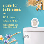 Febreze bathroom air freshener device shown on a toilet tank with text highlighting 24/7 freshness and up to 45 days