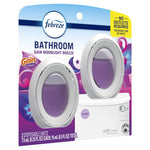 Angled retail blister pack of Febreze Bathroom Gain Moonlight Breeze showing two oval disposable units and product text