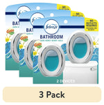 Three overlapping Febreze Bathroom air freshener packages showing oval disposable devices with teal gel and Gain logo