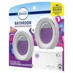 Side-angled retail package of Febreze Bathroom Gain Moonlight Breeze with two oval purple-scent devices visible