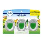Retail blister pack showing three Febreze Bathroom Gain Original oval devices with green scent inserts.