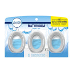 Packaged Febreze Bathroom linen & sky devices trio shown on retail blister card with three oval white devices and blue scent pads.