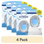 Four overlapping Febreze Bathroom Linen & Sky packaged cards showing oval blue toilet freshener devices and a '4 Pack' banner