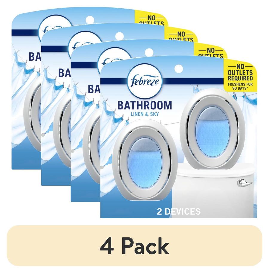 Four overlapping Febreze Bathroom Linen & Sky packaged cards showing oval blue toilet freshener devices and a '4 Pack' banner