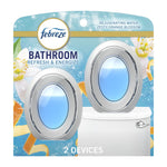 Febreze Bathroom oval blue refill devices in retail blister pack with floral background